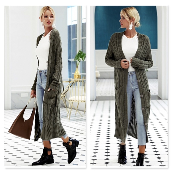 Green Cable Knit Cardigan Buttoned with Pockets - Picture 2 of 8